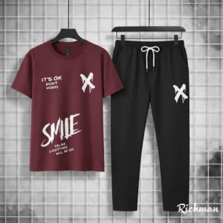 Men Maroon Black Graphic Track Suit Summer Sale