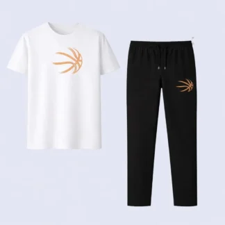 Men Basketball Printed T-Shirt & Jogger Set White Black Cotton Summer Sale