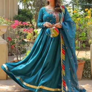 4 Pcs Women's Stitched Maxi Suit Set in Embroidered Shamoz Silk - Blue