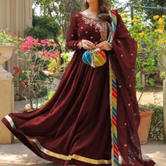 4 Pcs Embroidered Shamoz Silk Maxi Suit: Stylish Maroon Ensemble