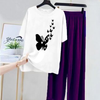 White Butterfly Print Night Suit for Women