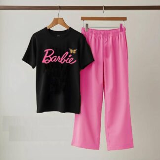 Black Printed Night Suit with Barbie Design Cotton Jersey