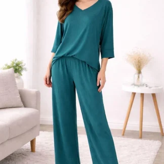 Women's Green Cotton Jersey V-Neck Night Suit 2 Pcs