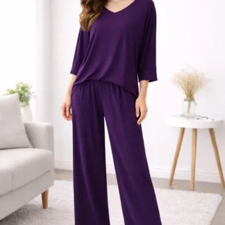 Purple Cotton Night Suit V-Neck Wide Leg Pants