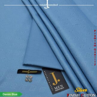 Men's Denim Blue Textured Cotton Suit Silver Finish