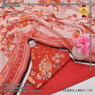 Red Digital Print 3-Piece Lawn Suit for Women