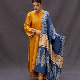 Unstitched 3-Piece Dhanak Wool Suit Mustard Blue