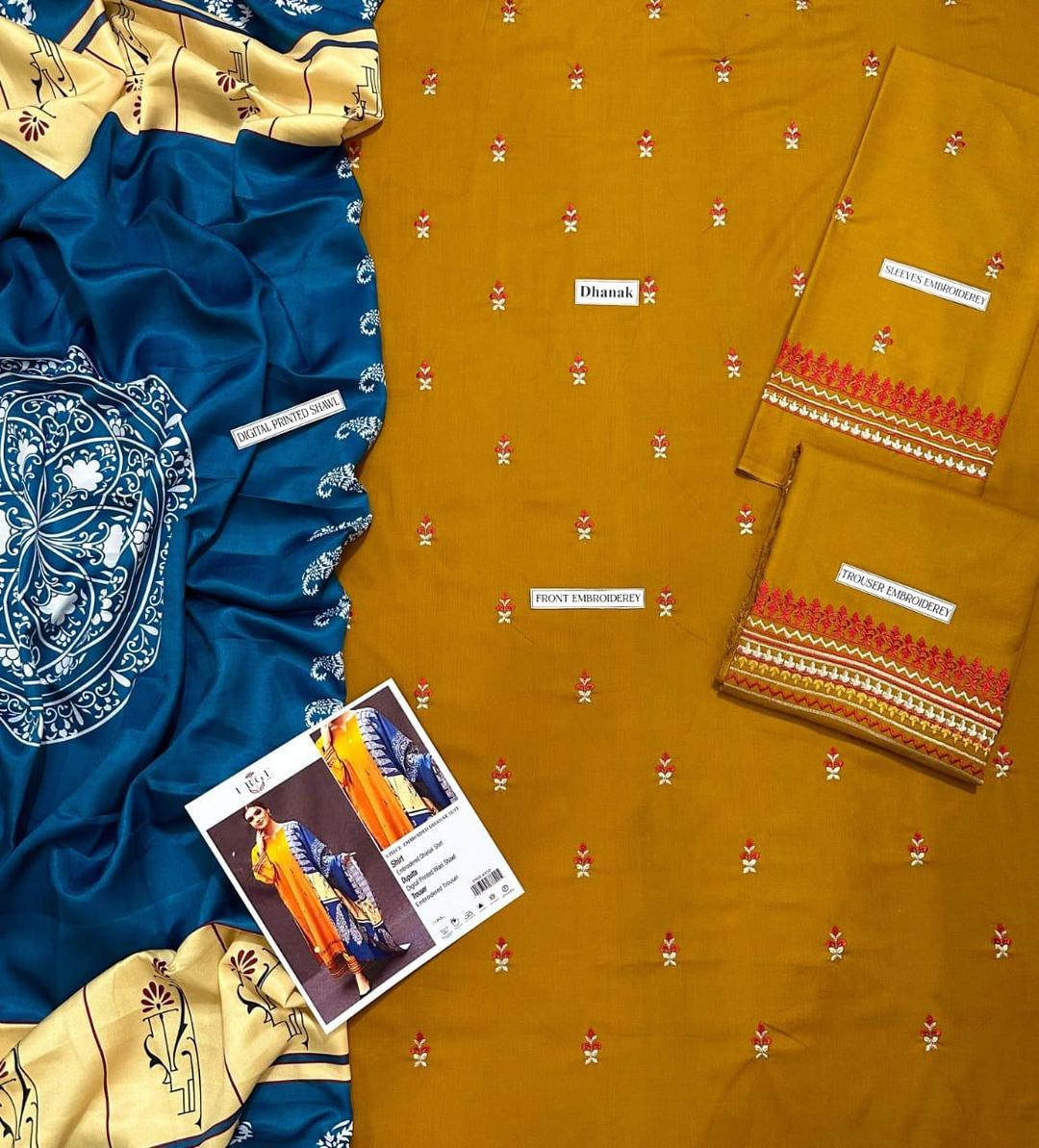 Unstitched 3-Piece Dhanak Wool Suit Mustard Blue - Image 2