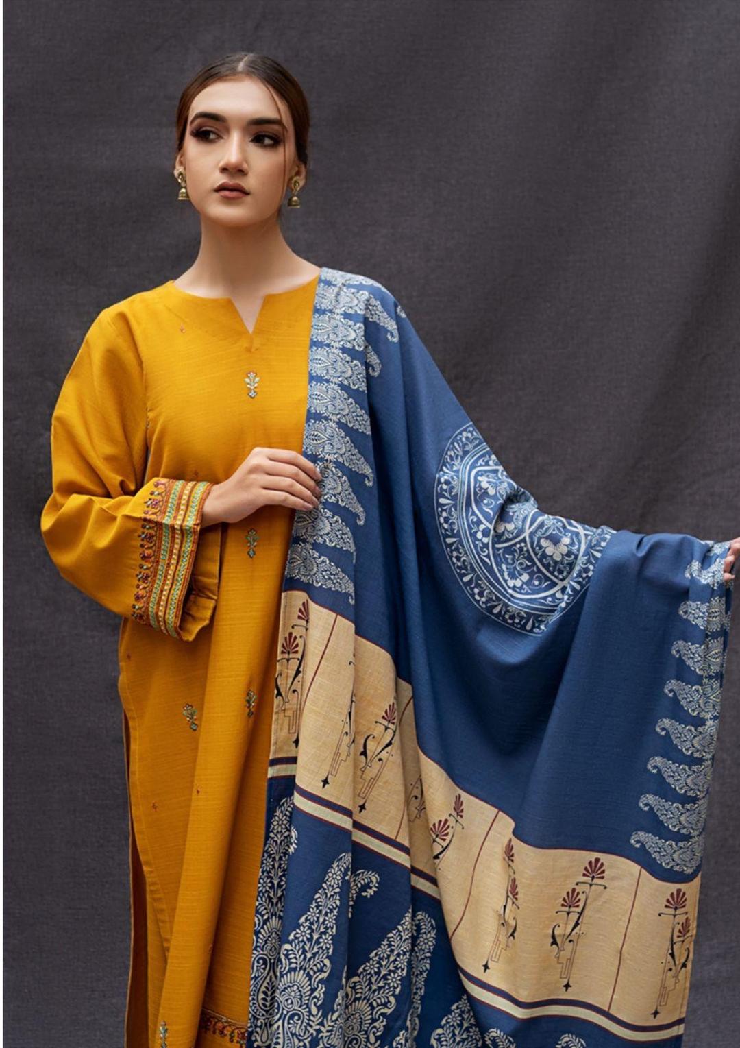 Unstitched 3-Piece Dhanak Wool Suit Mustard Blue - Image 3