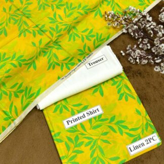 Women's Printed Linen Suit Yellow Green Leaf Print