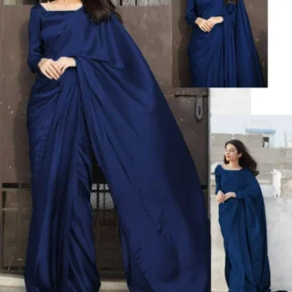 Elegant 3 Pcs Stitched Saree Set in Shalmose Silk - Plain Blue Beauty