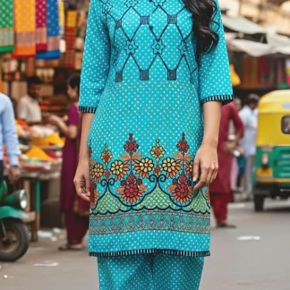 Premium Blue Printed Cotton Lawn 2-Piece Suit for Women