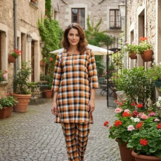 Cotton Lawn Plaid Checkered 2-Piece Suit for Women