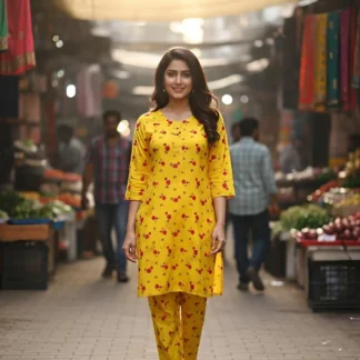 Cotton Printed Kurta Set Yellow Red Women