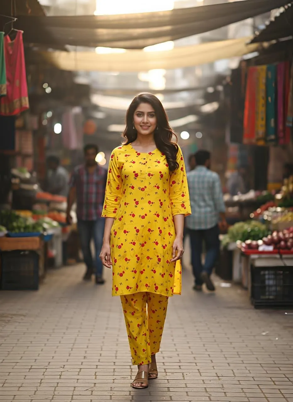 Cotton Printed Kurta Set Yellow Red Women