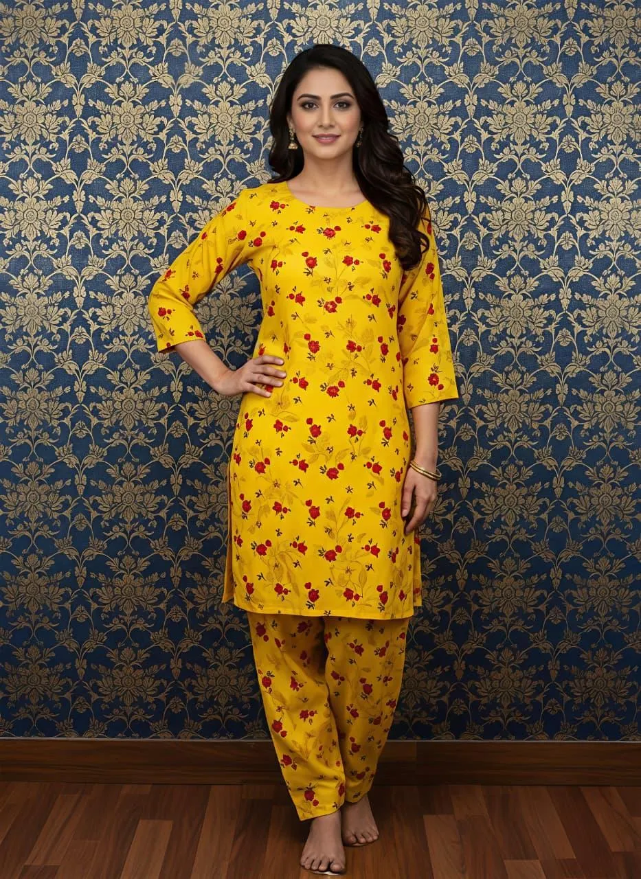 Cotton Printed Kurta Set Yellow Red Women - Image 2
