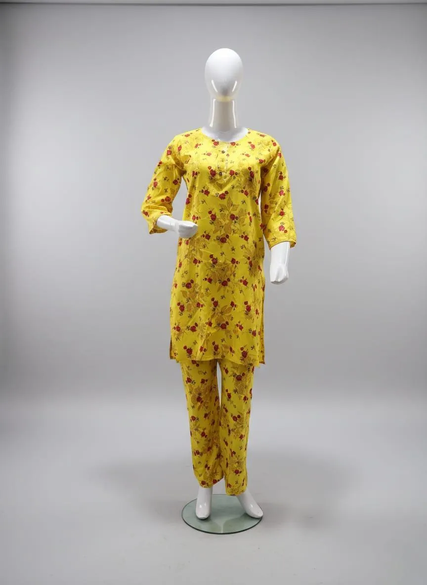 Cotton Printed Kurta Set Yellow Red Women - Image 3