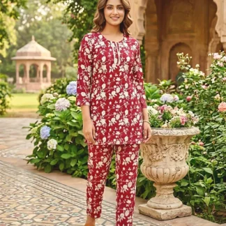 Red Floral Cotton Lawn 2-Piece Suit Medium