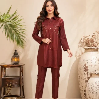 Women Cotton Lawn 2-Piece Suit Brown Ban Collar