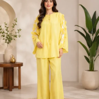 Women Raw Silk Hand Work Suit Yellow 2 Pcs