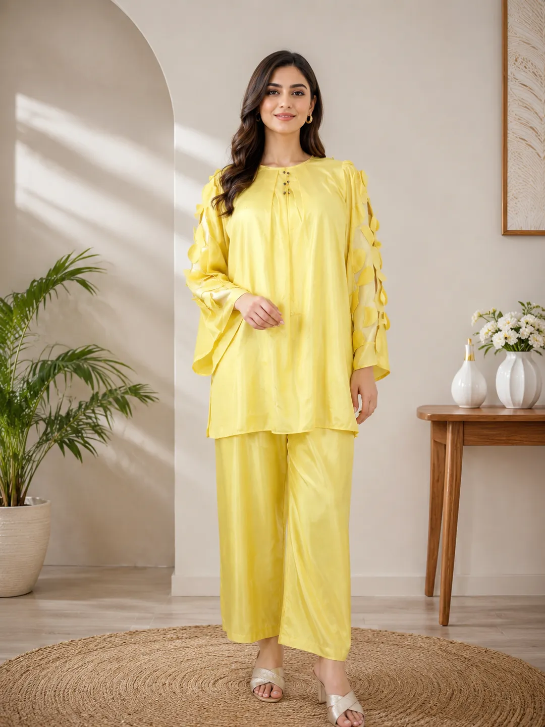 Women Raw Silk Hand Work Suit Yellow 2 Pcs - Image 2
