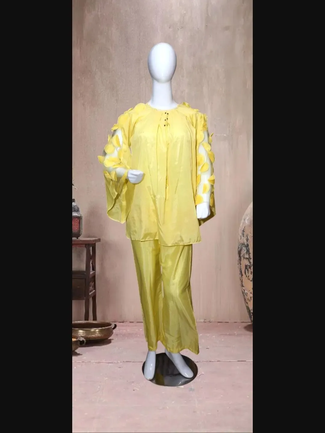 Women Raw Silk Hand Work Suit Yellow 2 Pcs - Image 3