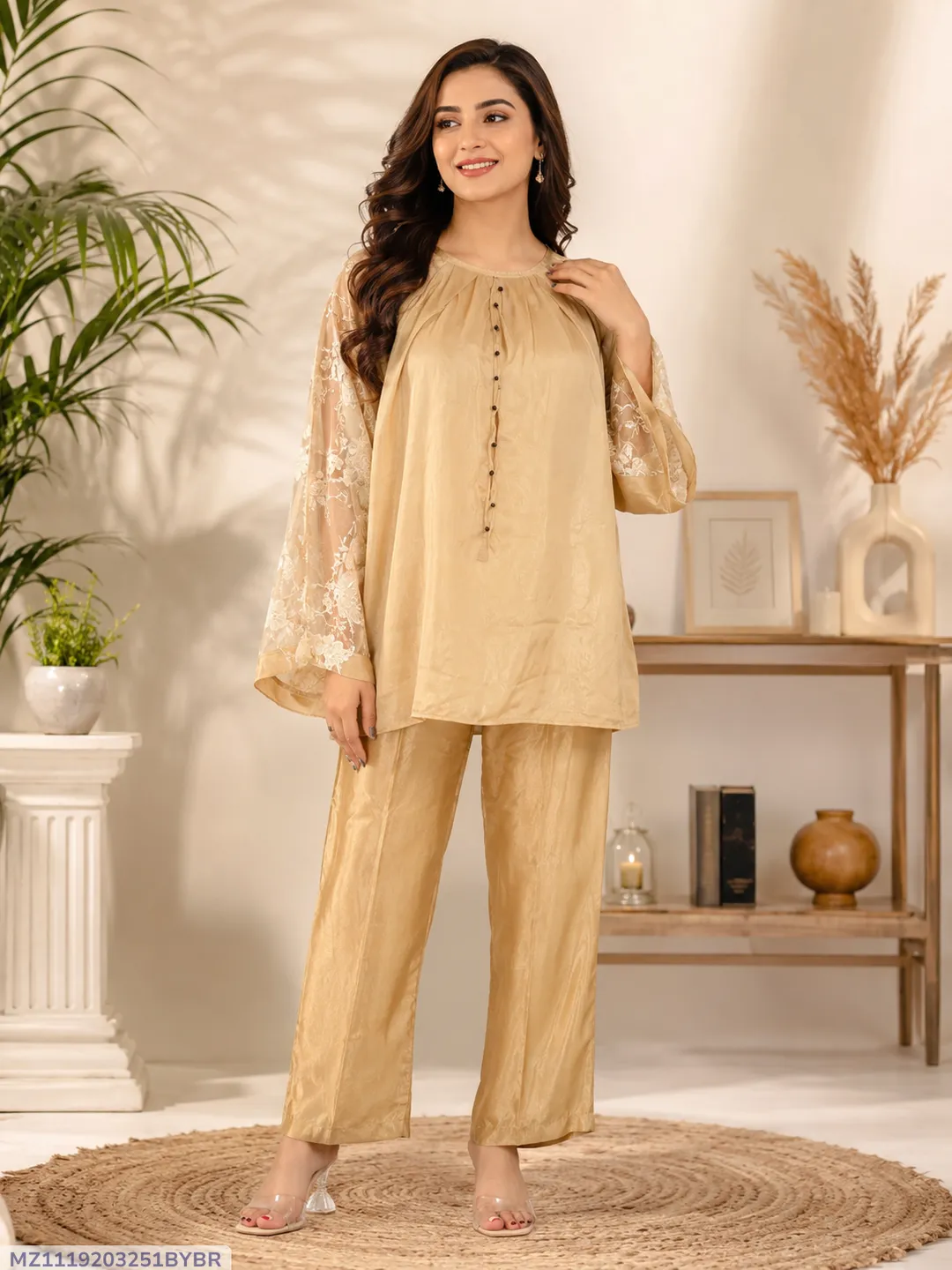 Golden Raw Silk 2-Piece Party Suit for Women Fabric: Raw Silk, Hand Work Pattern Shirt Length: 34 Inches, Chest: 21 Inches Trouser Length: 37 Inches, Waist: 34 Inches Color: Golden Perfect for parties, weddings, or daily wear in Pakistan Premium Quality with Stylish Hand Work Design New Arrival, Best Price in Pakistan Durable Raw Silk Fabric for Long-Lasting Wear Ideal for Pakistani weather and festive occasions Easy to care for and maintain Standard Size fits most body types Comes with 1 Shirt + 1 Trouser in one package