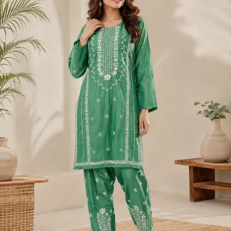 Women Cotton Embroidered 2-Piece Suit Green Multicolor