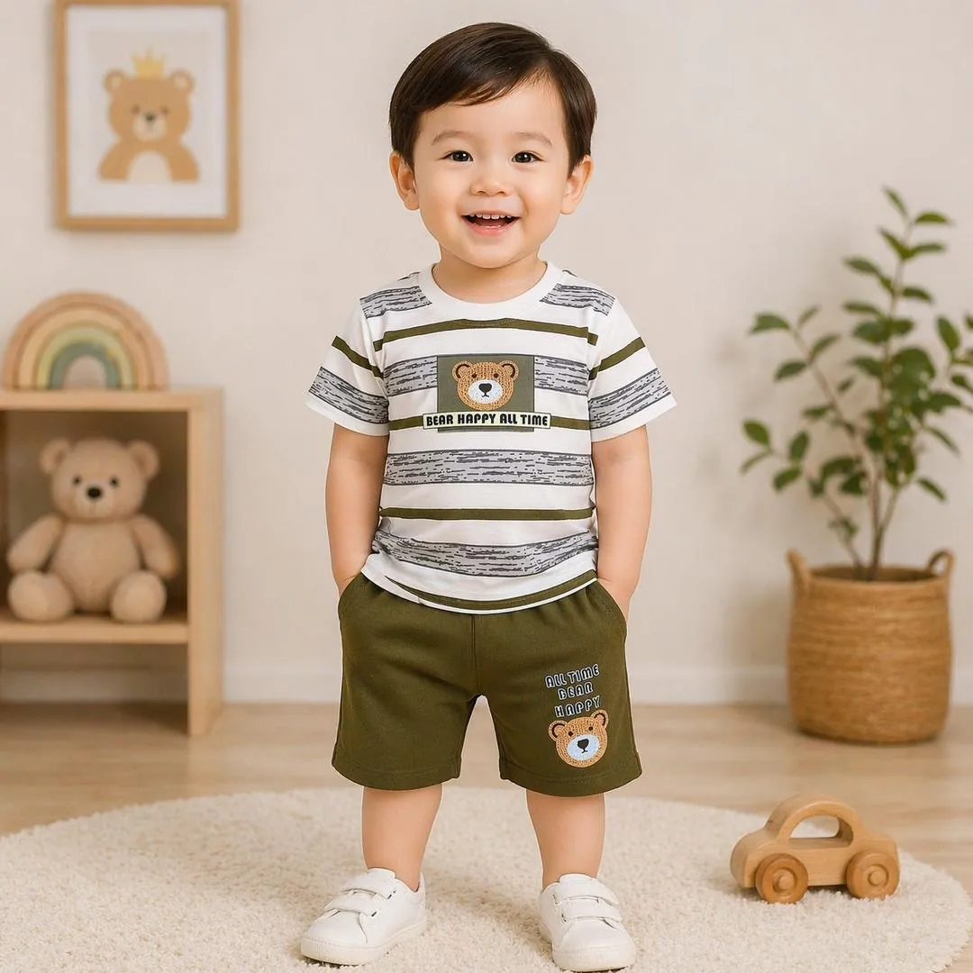 Baby Boy Striped Shorts T-Shirt Set Brown Cotton - Image 3