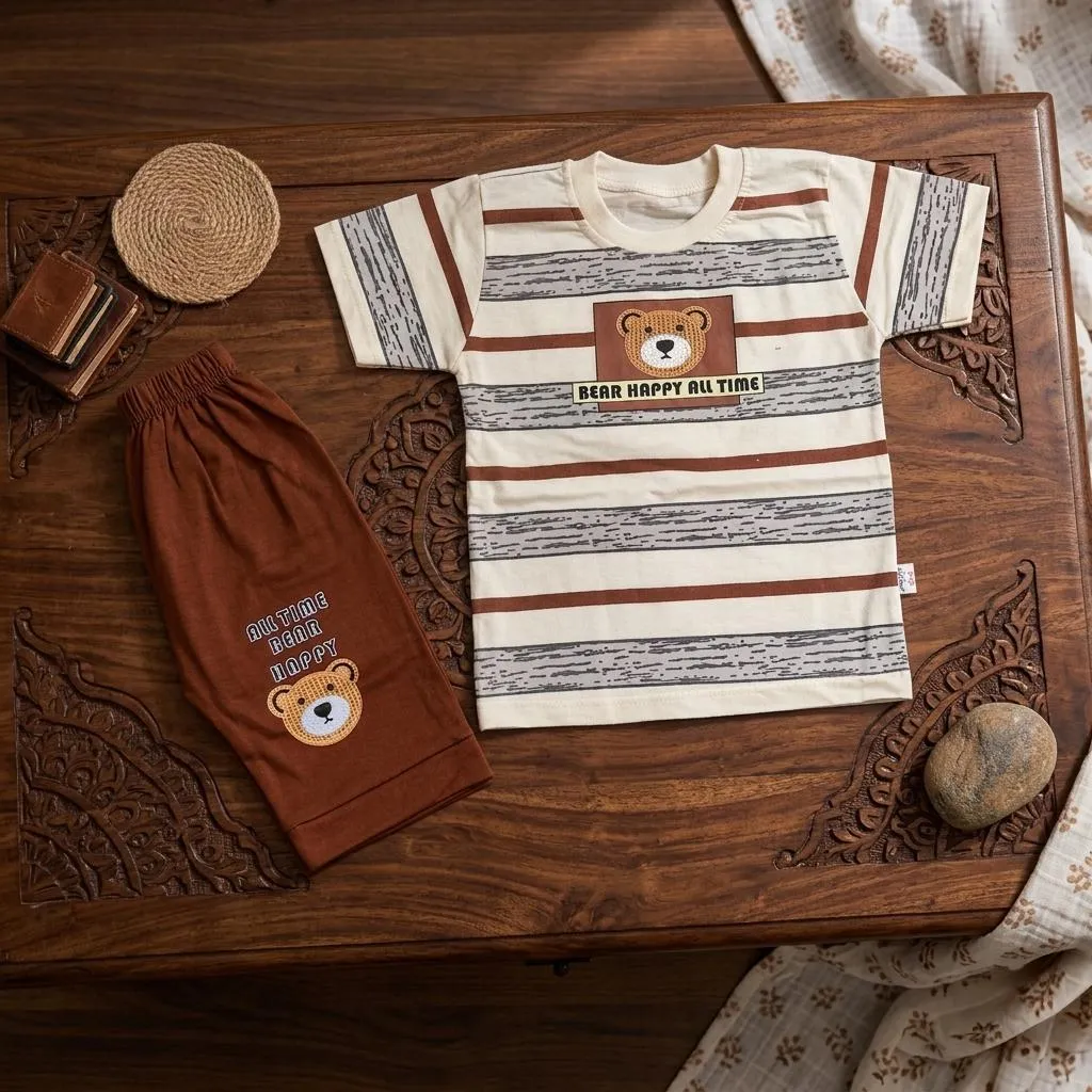 Baby Boy Striped Shorts T-Shirt Set Brown Cotton - Image 4