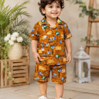 2 Pcs Boy's Dhanak Printed Shirt And Shorts Set