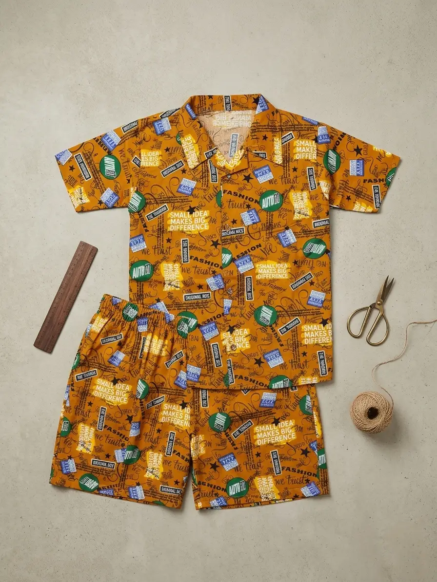 2 Pcs Boy's Dhanak Printed Shirt And Shorts Set - Image 2