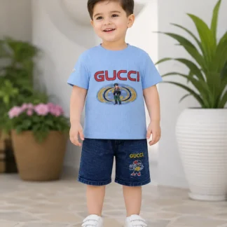 2 Pcs Boy's Printed Shirt And Jeans Shorts Set