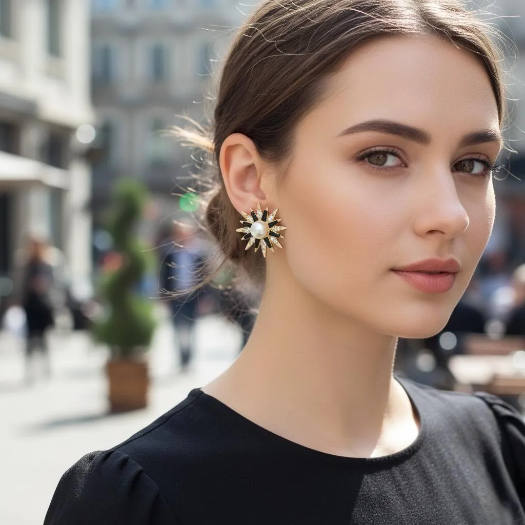 Temperament Aura Starburst Earrings Gold Plated Crystal Pearl