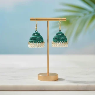 Green Jhumkas Earrings with Pearl Drop & Gold Plated