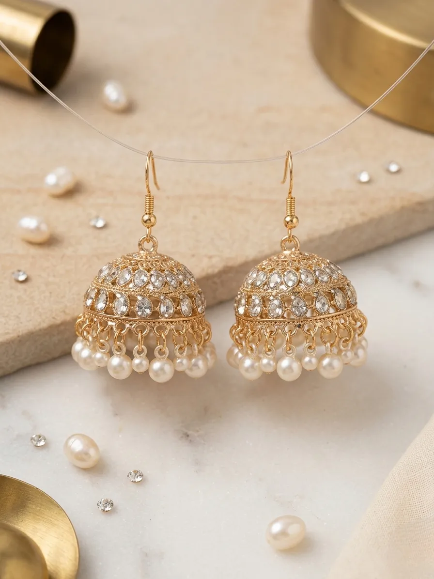 Golden Pearl Jhumka Earrings for Women - Image 4