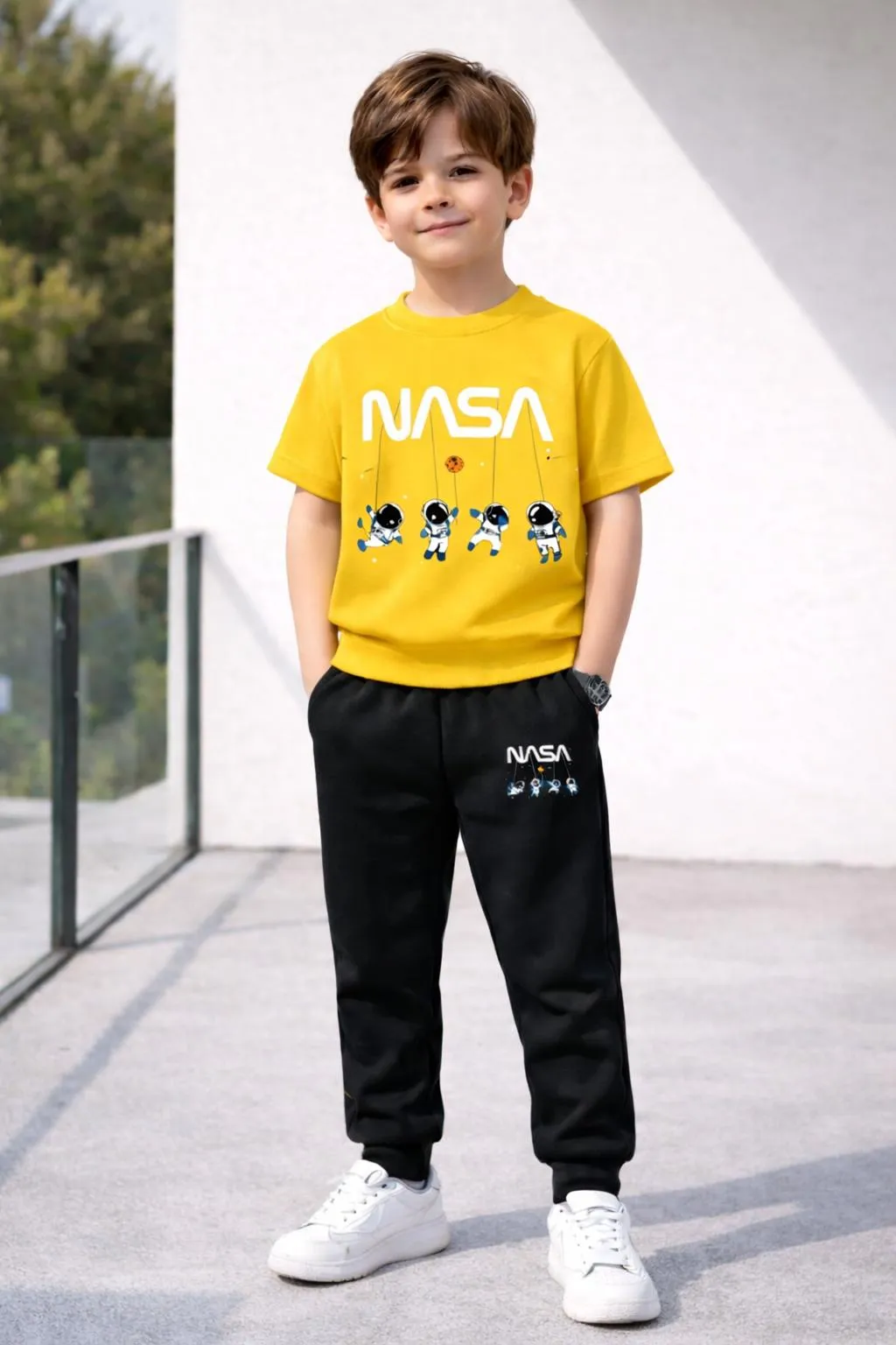 Kids NASA Printed 2-Piece Tracksuit Yellow Black Polyester