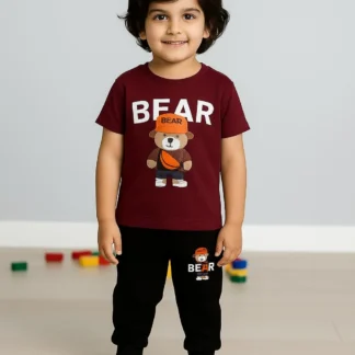 Maroon Bear Print 2-Piece Track Suit for Kids 1-12