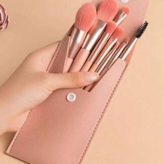 8-Piece Makeup Brush Set Pink Leather Pouch