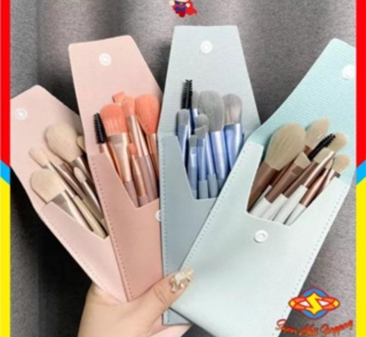 8-Piece Makeup Brush Set Pink Leather Pouch - Image 2