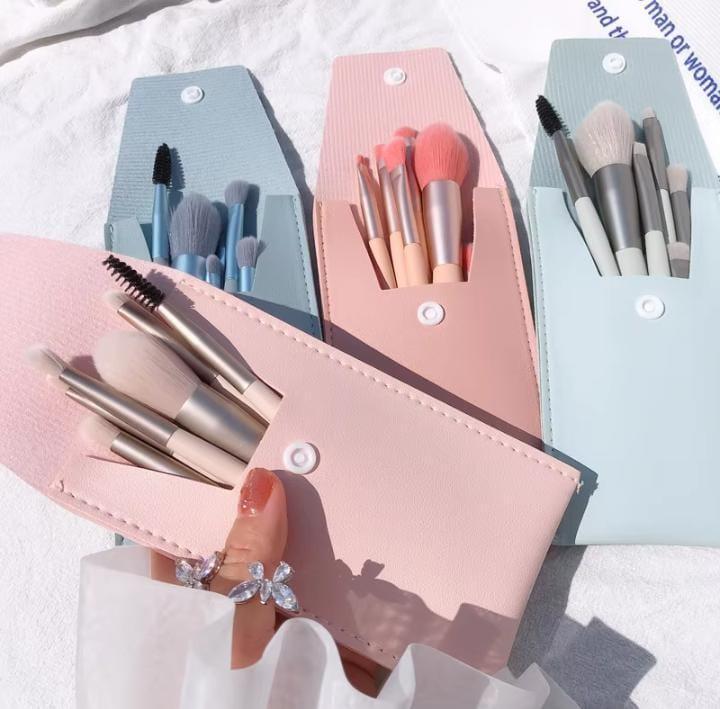 8-Piece Makeup Brush Set Pink Leather Pouch - Image 3