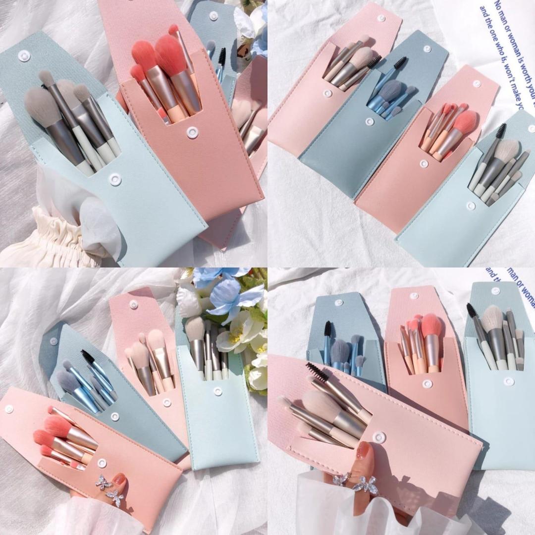 8-Piece Makeup Brush Set Pink Leather Pouch - Image 4