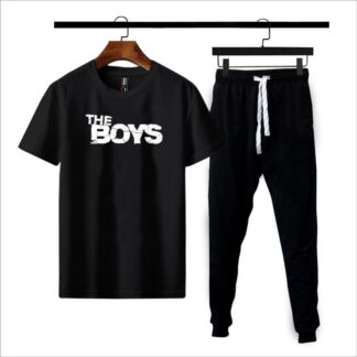 Men Black Printed Cotton Track Suit 2Pcs