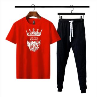 Men's Printed Track Suit Red Black Cotton Jersey 2-Piece