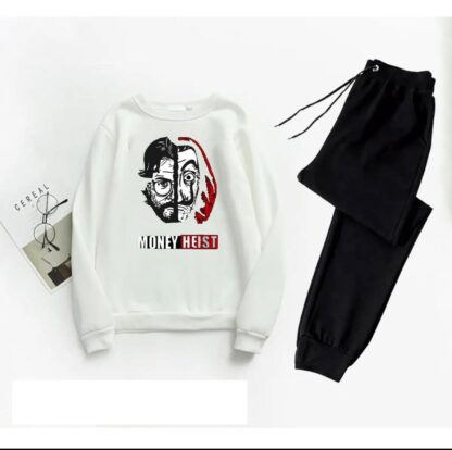 Men Printed Money Heist Track Suit White Black XL