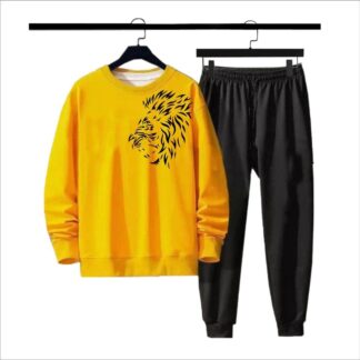 Men Yellow Lion Print Fleece Track Suit 2Pcs