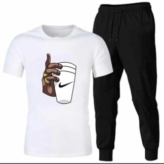Men Cotton Printed Track Suit Black White Graphic T-Shirt Trouser Set
