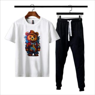 Men White Graphic Track Suit Bear Print Medium to XL
