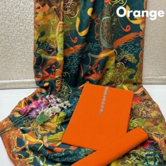 Orange Katan Silk Suit with Calligraphy Dupatta for Women