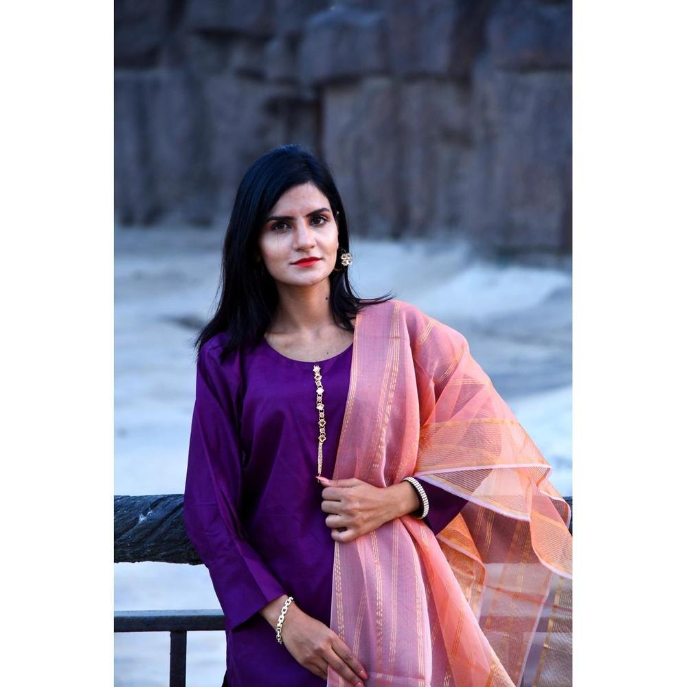 Purple Katan Silk 3-Piece Suit with Peach Organza Dupatta